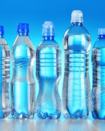 Composition with assorted plastic bottles of mineral water